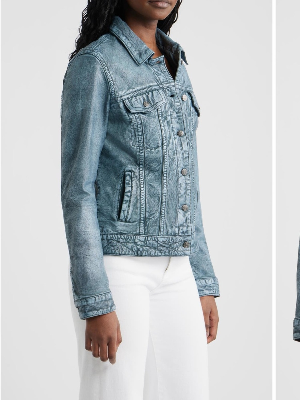 Mauritius Jessie Teal denim look Women's Leather Trucker Jacket medium